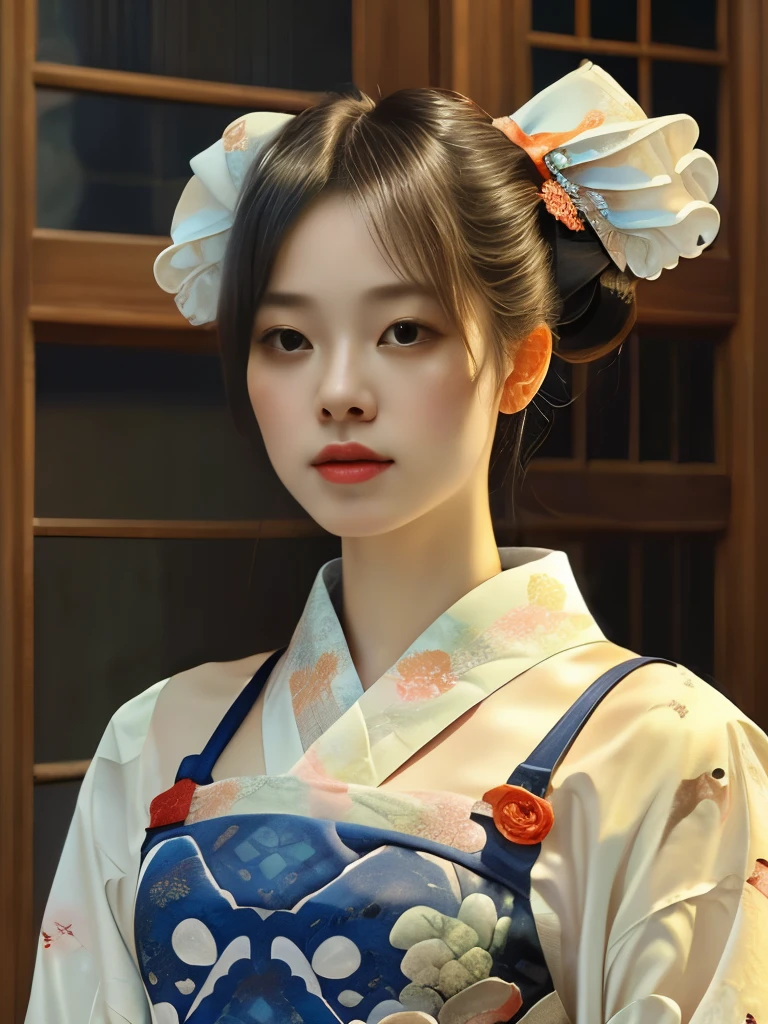 (Composition up to the knees)、An incredibly beautiful young woman、A cafe maid in the early Showa period、Elaborately drawn(Traditional Japanese kimono with kanoko pattern:1.6)、(Over the kimono, a white apron with large frills is worn on the shoulder straps.:1.6)、Traditional Japan hairstyles、Wear a white frilly headband、smile、(highest quality、4k、8k、High resolution、masterpiece:1.2)、Super detailed、(Real、Photorealistic、Photorealistic:1.37)、Sepia Tone Color、Soft lighting、