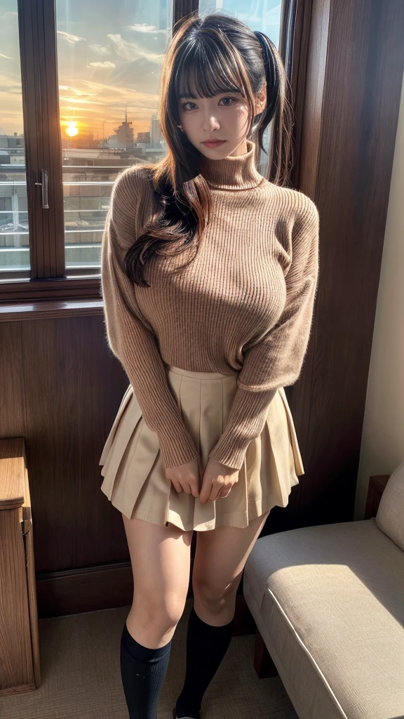 masterpiece, best quality, illustration, Super detailed, fine details, High resolution, 8K,wall paper, perfect dynamic composition,(Details High quality, realistic depiction of eyes:1.3), short hair, (wavy hair:1.2), Tight turtleneck pink sweater, pleated skirt, pony tail hair, huge breasts, black hair color, Big Natural Color Lip, bold sexy pose, crying a little、cold gaze, Harajuku style、20 year old girl、cute type、lolita、beautiful legs, hotel room, full body photo、focus on crotch, hposing Gravure Idol, Sexy shot looking at camera, Sunset, by the window, Summer, knee sox, make up, Curve