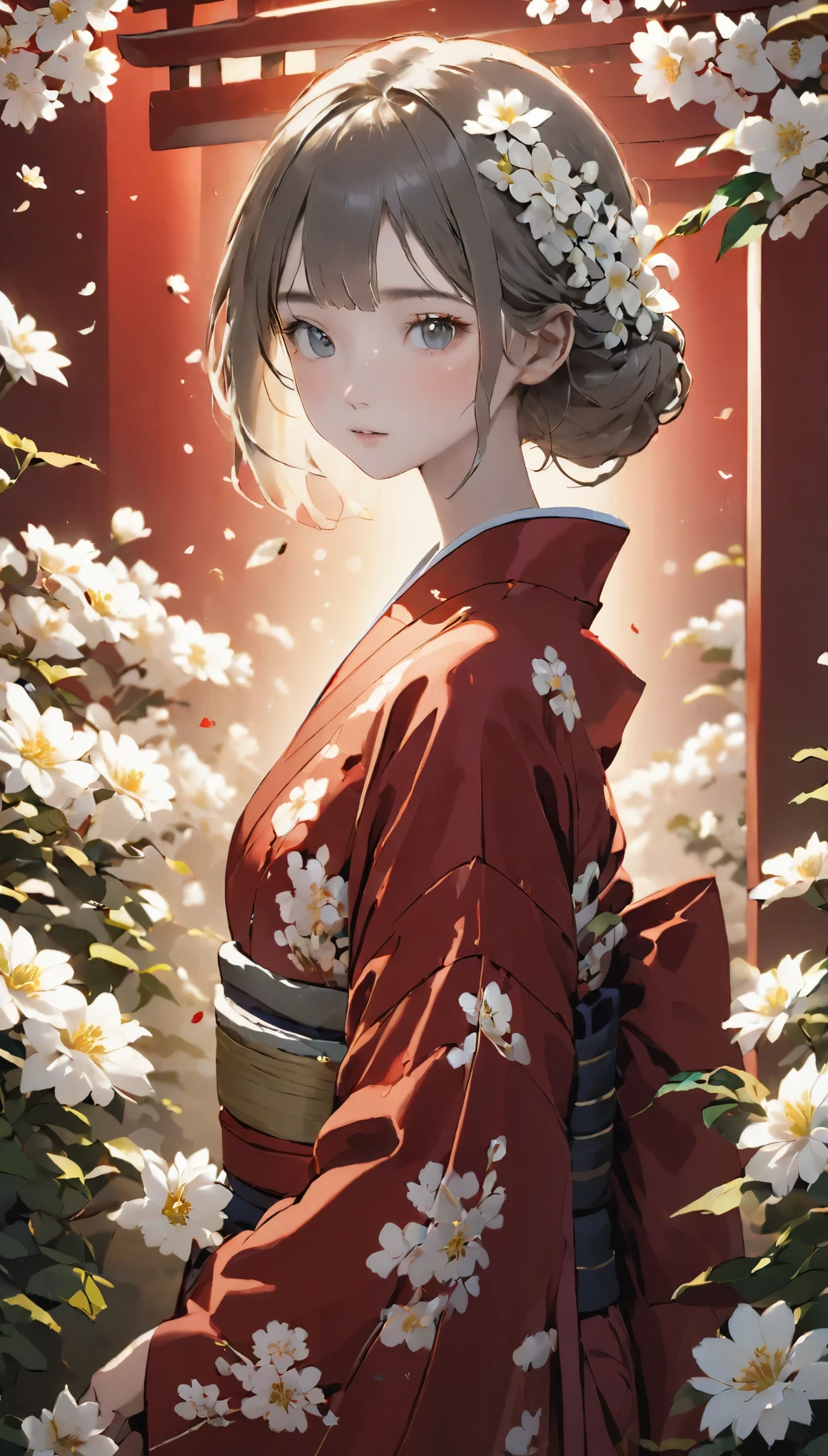 The background is a world of white flowers、highest quality, Tabletop, High resolution, (((One Girl))), ,Grey Eyes、Dark red kimono、((Dark red floral kimono)), Tyndall effect, Realistic, Shadow Studio, red lighting, Dual Tone Lighting, (High Definition Skins: 1.2) Digital SLR, photograph, High resolution, 4K, 8k, Background Blur,Beautiful fade out、The background is a world of white flowers
