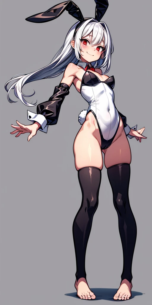 black bunny outfit, barefoot, bare hands, black sleeves, black stockings, happy face, red eyes, white bunny tail