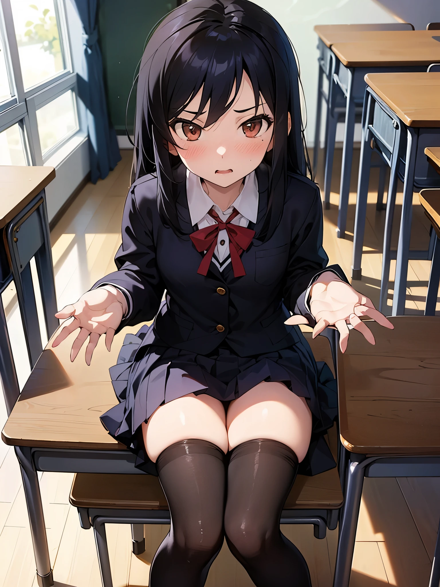 NSFW,One girl,(school uniform:1.5),pantyhose,Micro Mini Skirt,Small breasts,(Perfect hands),(Perfect Anatomy),(masterpiece),(highest quality),Embarrassed,blush,School,classroom,Leg spread