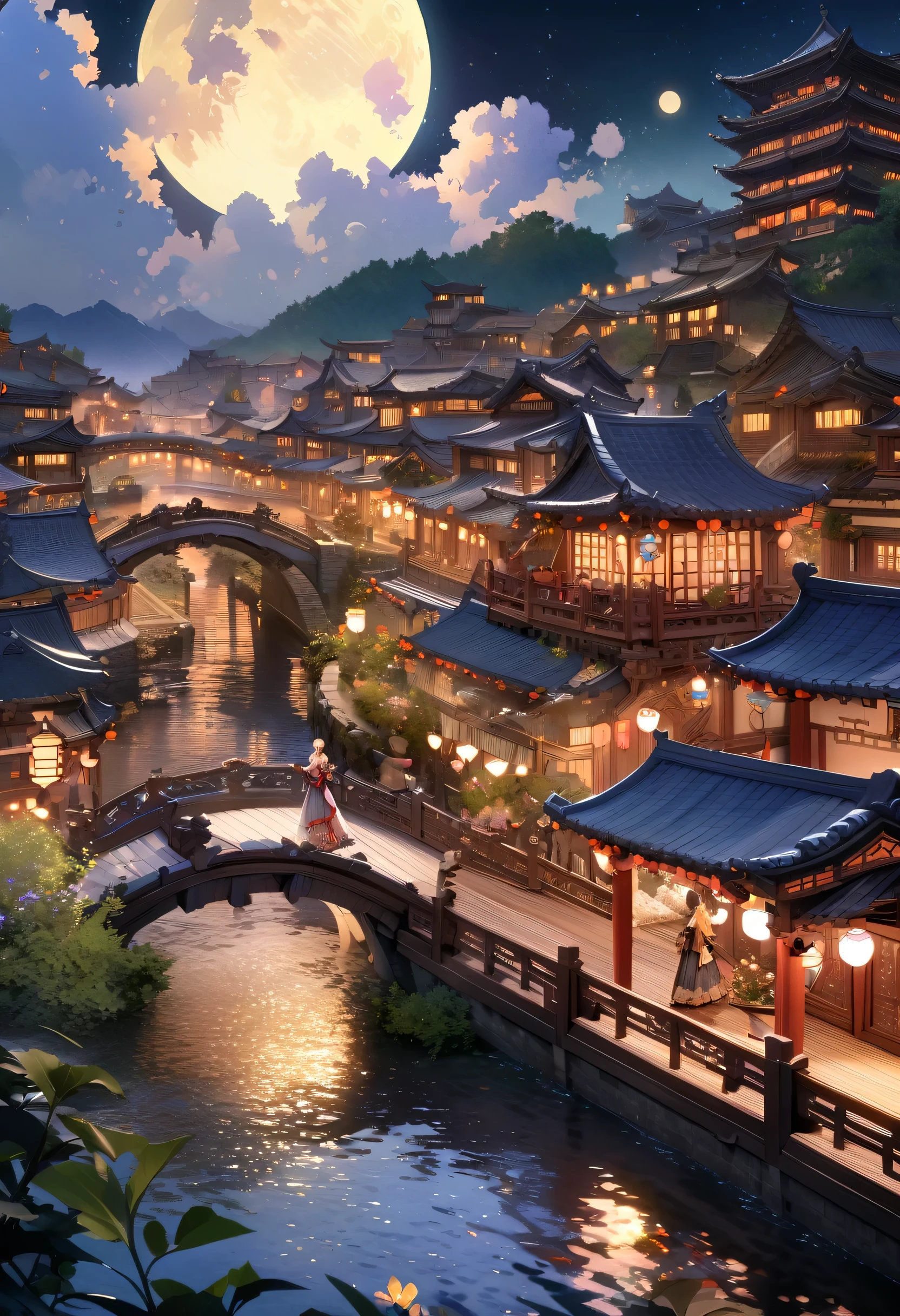 (masterpiece, highest quality, figure, The finer details), ((Highly Detailed CG Unity 8K Wallpaper, High resolution)), High chroma, low brightness, Concept Art, ((unmanned)), (landscape), (Water flow on a small bridge), (Jiangnan Water Town), null, night, (full moon), cloud, Outdoor, architecture, river, Suzhou Garden
