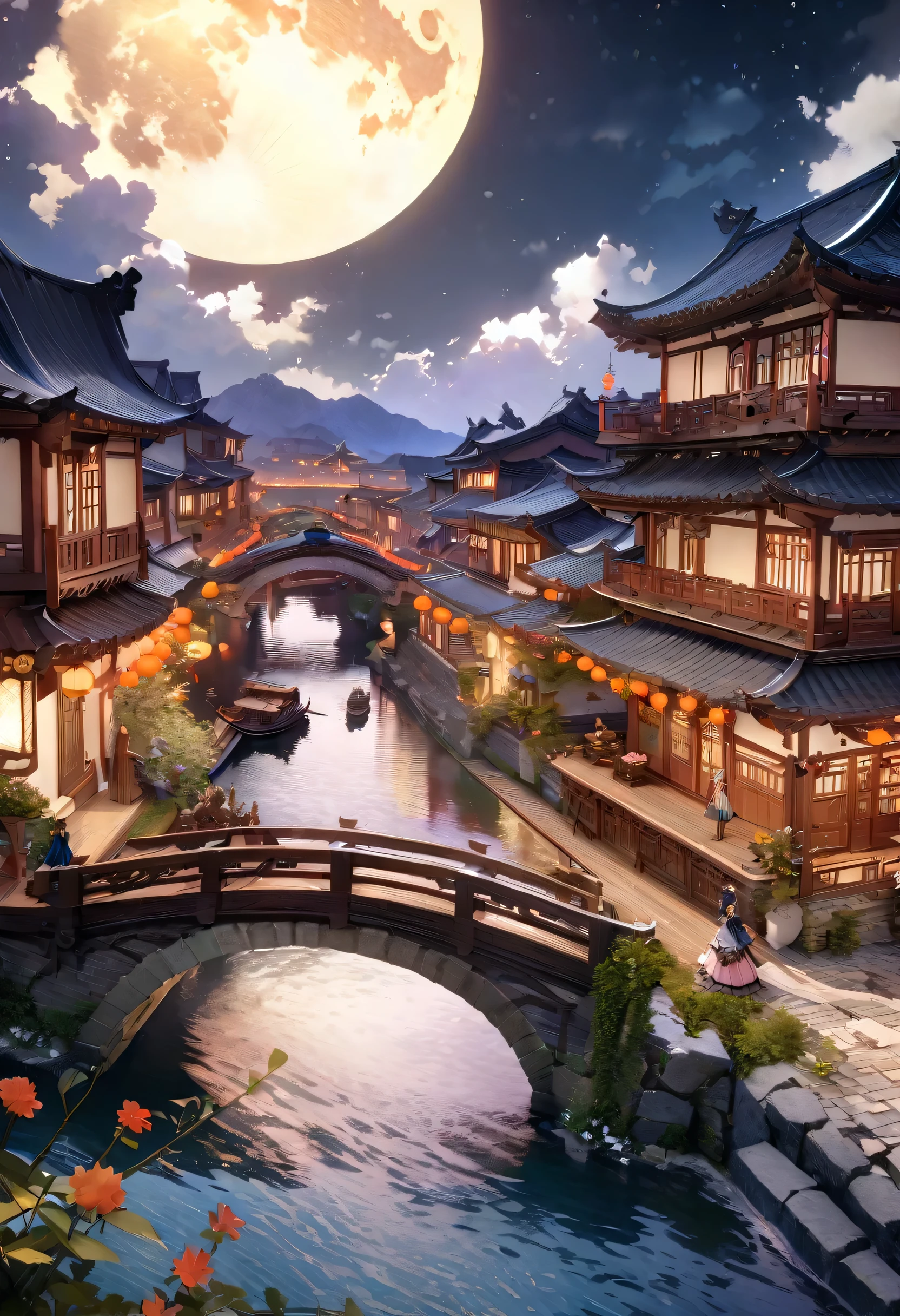 (masterpiece, highest quality, figure, The finer details), ((Highly Detailed CG Unity 8K Wallpaper, High resolution)), High chroma, low brightness, Concept Art, ((unmanned)), (landscape), (Water flow on a small bridge), (Jiangnan Water Town), null, night, (full moon), cloud, Outdoor, architecture, river, Suzhou Garden