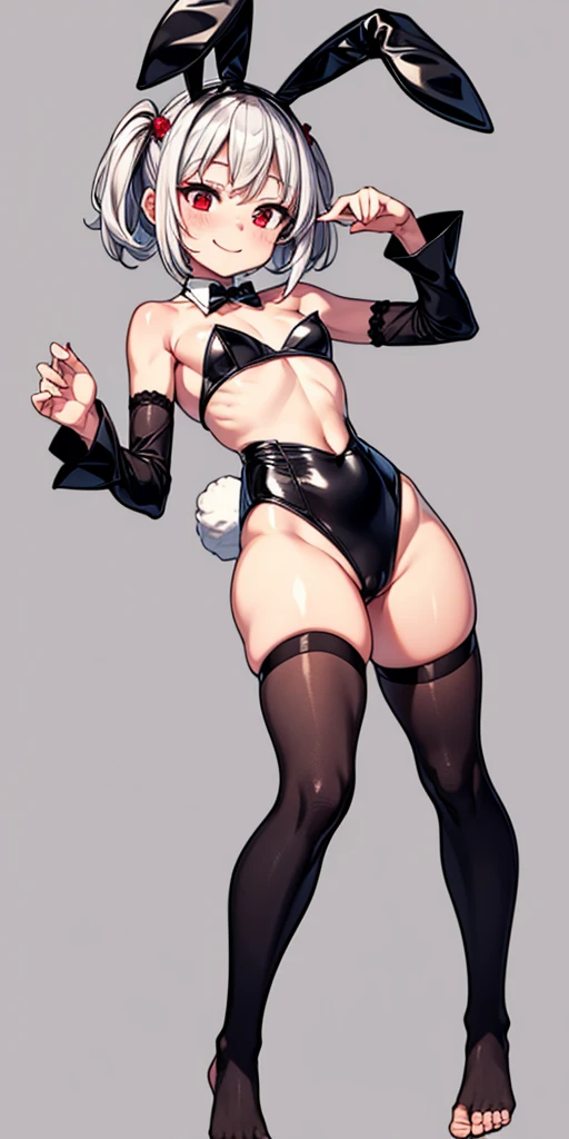 black bunny outfit, barefoot, bare hands, black sleeves, black stockings, happy face, red eyes, white bunny tail