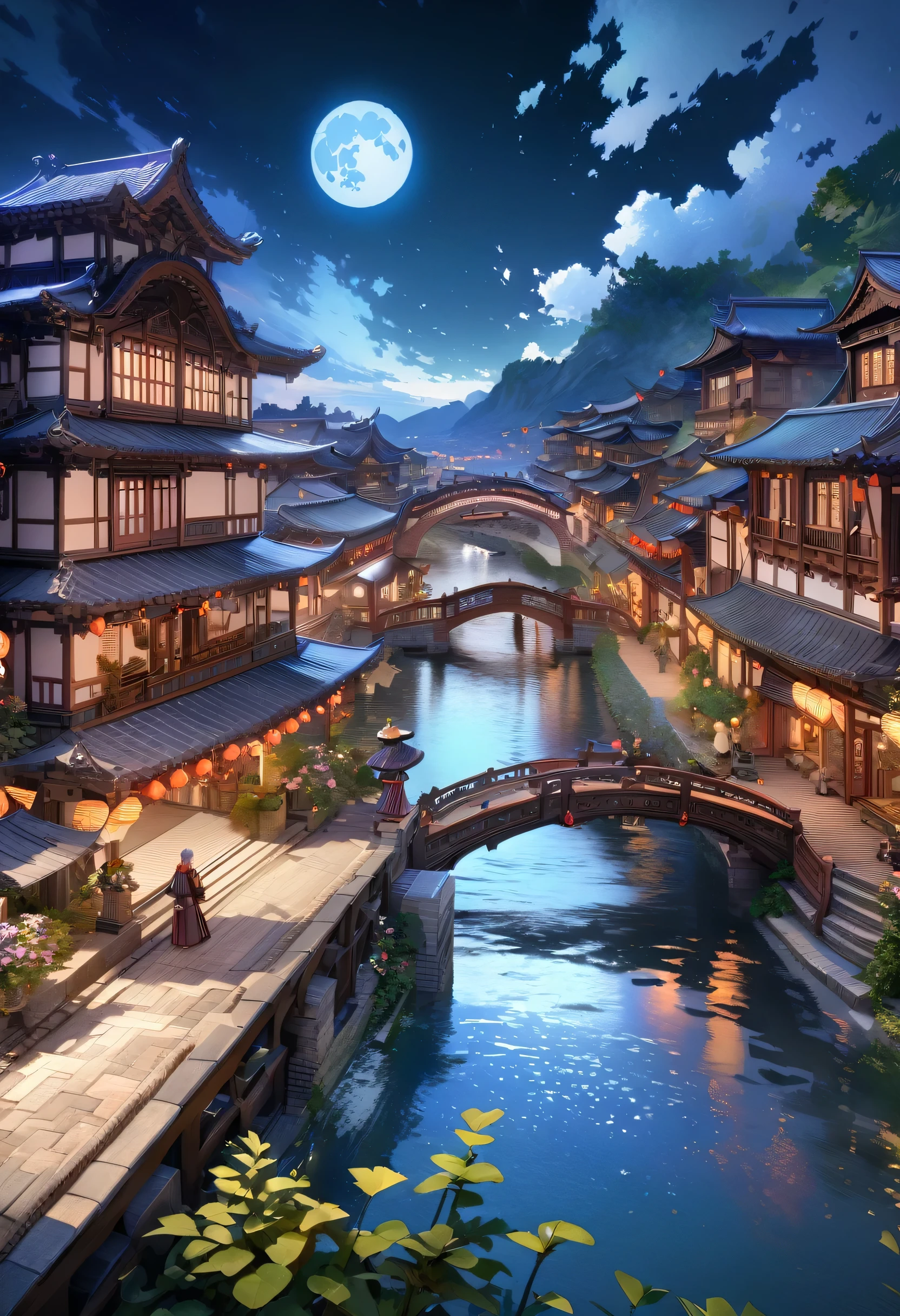 (masterpiece, highest quality, figure, The finer details), ((Highly Detailed CG Unity 8K Wallpaper, High resolution)), High chroma, low brightness, Concept Art, ((unmanned)), (landscape), (Water flow on a small bridge), (Jiangnan Water Town), null, night, (full moon), cloud, Outdoor, architecture, river, Suzhou Garden