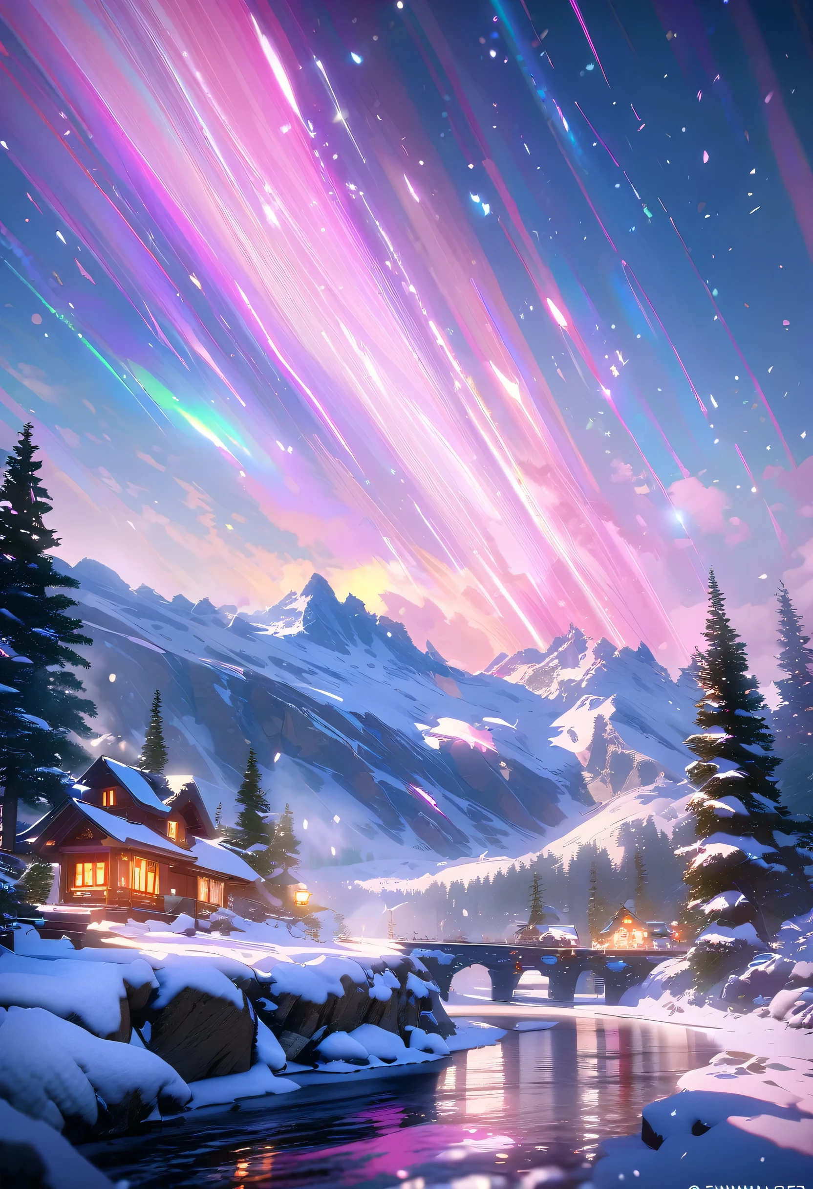 Pink aurora in the white snow, Snow Mountain,river,Snowstorm,Twinkling colorful stars, Unreal Engine, 8K High resolution, High resolution. --9 in:16