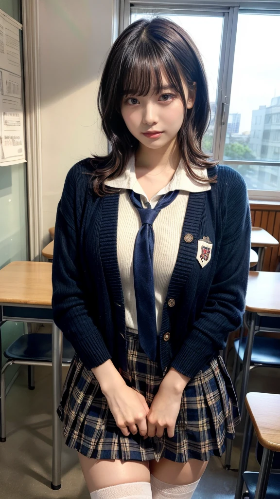 masterpiece, best quality, illustration, Super detailed, fine details, High resolution, 8K,wall paper, perfect dynamic composition,(Details High quality, realistic depiction of eyes:1.3), short hair, (wavy hair:1.2), Layered Cut, High School Classroom、High school girl uniform、Cardigan、Super Short Check Uniform Skirt、Navy blue high socks、garterbelts、Colossal tits、Disturbed uniform、, black hair color, Big Natural Color Lip, bold sexy pose, (perfect body shape), crying a little、cold gaze, Harajuku style、20 year old girl、cute type, beautiful legs, hposing Gravure Idol, Voluptuous thighs