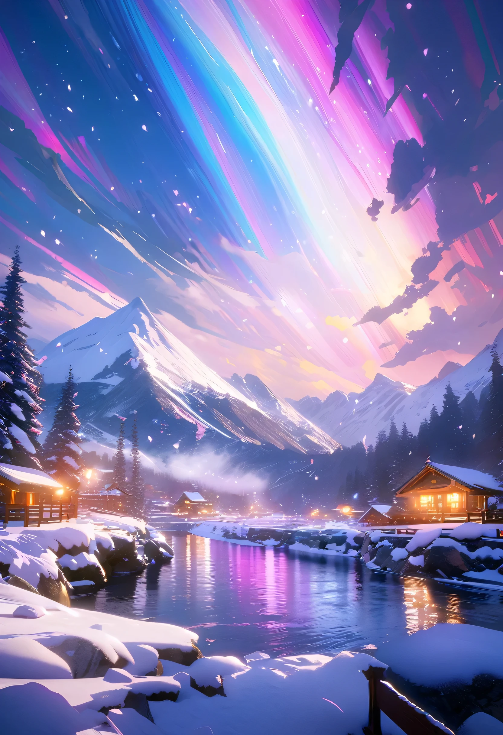 Pink aurora in the white snow, Snow Mountain,river,Snowstorm,Twinkling colorful stars, Unreal Engine, 8K High resolution, High resolution. --9 in:16