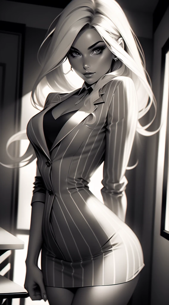 Beautiful 20yr old girl, blonde, detailed, toned body, femme fatale, Noir et blanc, monochrome, looking at viewer, A-line dress, secretary, pinstripes, business suit
