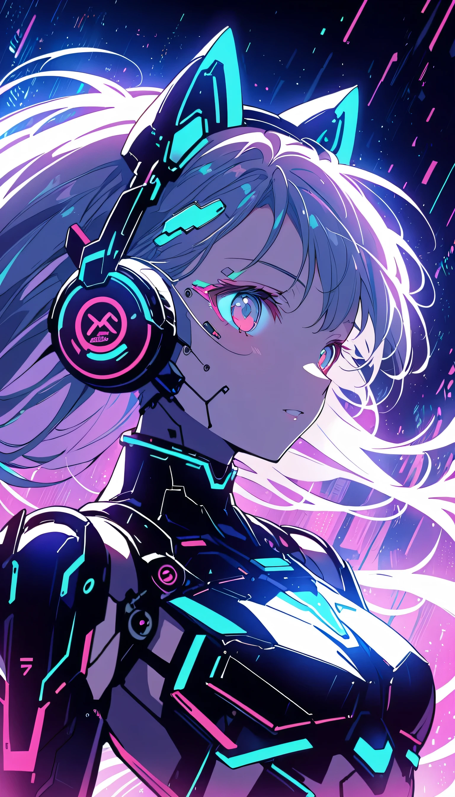 Anime girl in futuristic outfit with cat ears and headphones, Cute Cyborg Girl, Digital Cyberpunk Anime Art, Cyberpunk Anime Girl mech, female Cyberpunk Anime Girl, Cyberpunk Anime Girl, Beautiful girl cyborg, Perfect android girl, anime cyberpunk art, Portrait Anime Astronaut Girl, Dreamy Cyberpunk Girl, Digital Cyberpunk - Anime Art, Girl wearing mecha cyber armor, Cyberpunk beautiful girl
