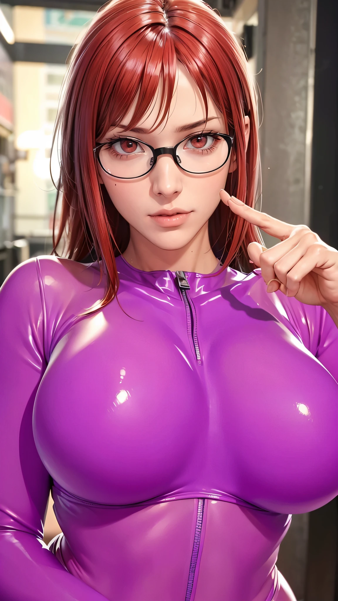 （（（完美figure，figure，solo， White and tender skin，（（（Cyberpunk，purple jacket,long shirt，navel，black shorts，black thighhighs，zipper ））），（（（karinuzumaki，red hair，long hair，glasses，red eyes，））），((masterpiece)),high resolution, ((Best quality at best))，masterpiece，quality，Best quality，（（（ Exquisite facial features，Looking at the audience,There is light in the eyes，(（（lol，Happy，blush））），））），（（（Light and shadow，Huge breasts））），（（（Looking at the camera，black background，)）））