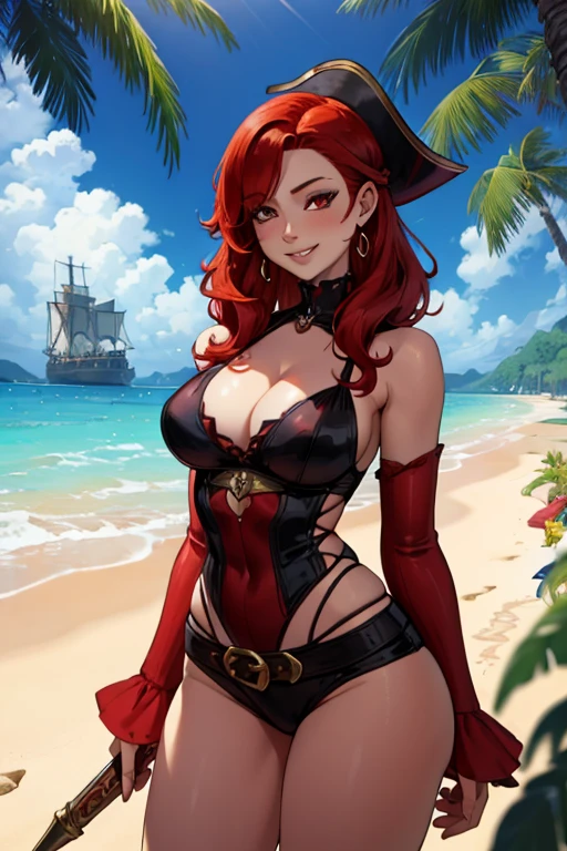 A red haired woman with red eyes and an hourglass figure in a pirate's outfit is blushing and smiling on a beach on a tropical beach