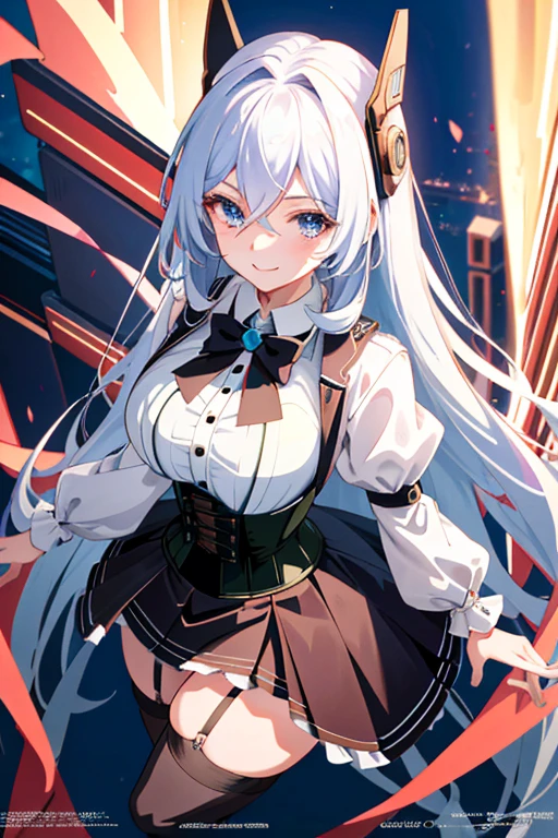 Big breasted anime girl, (corset dress: 1.2), (stockings), (Big smile), (whole body), (people々focus on), (Long white hair), (View from above), (Hair on one eye),Enchanting anime girl, Best anime 4K Kona-chan wallpapers, Attractive anime girl, 4k anime wallpaper, 4K Manga Wallpaper, Detailed digital anime art, Anime Best Girls, Beautiful Anime Girls, cyber punk, Detailed anime artwork, Beautiful and attractive anime women