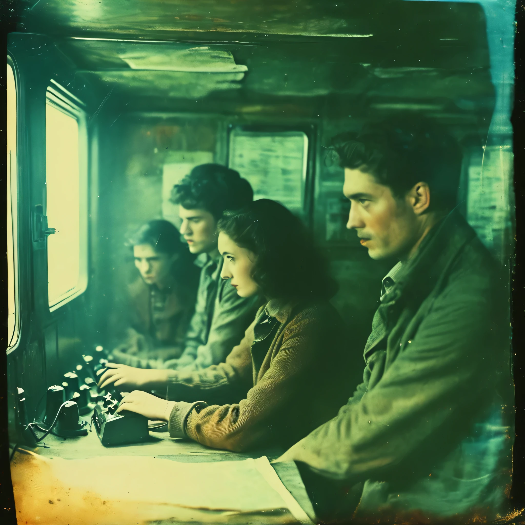 side-view, perspective, grainy, polaroid, 35mm vintage, scary, horror-movie, 4 young adults operating ham-radio, transmitter and receiver inside ship cabin, cabin