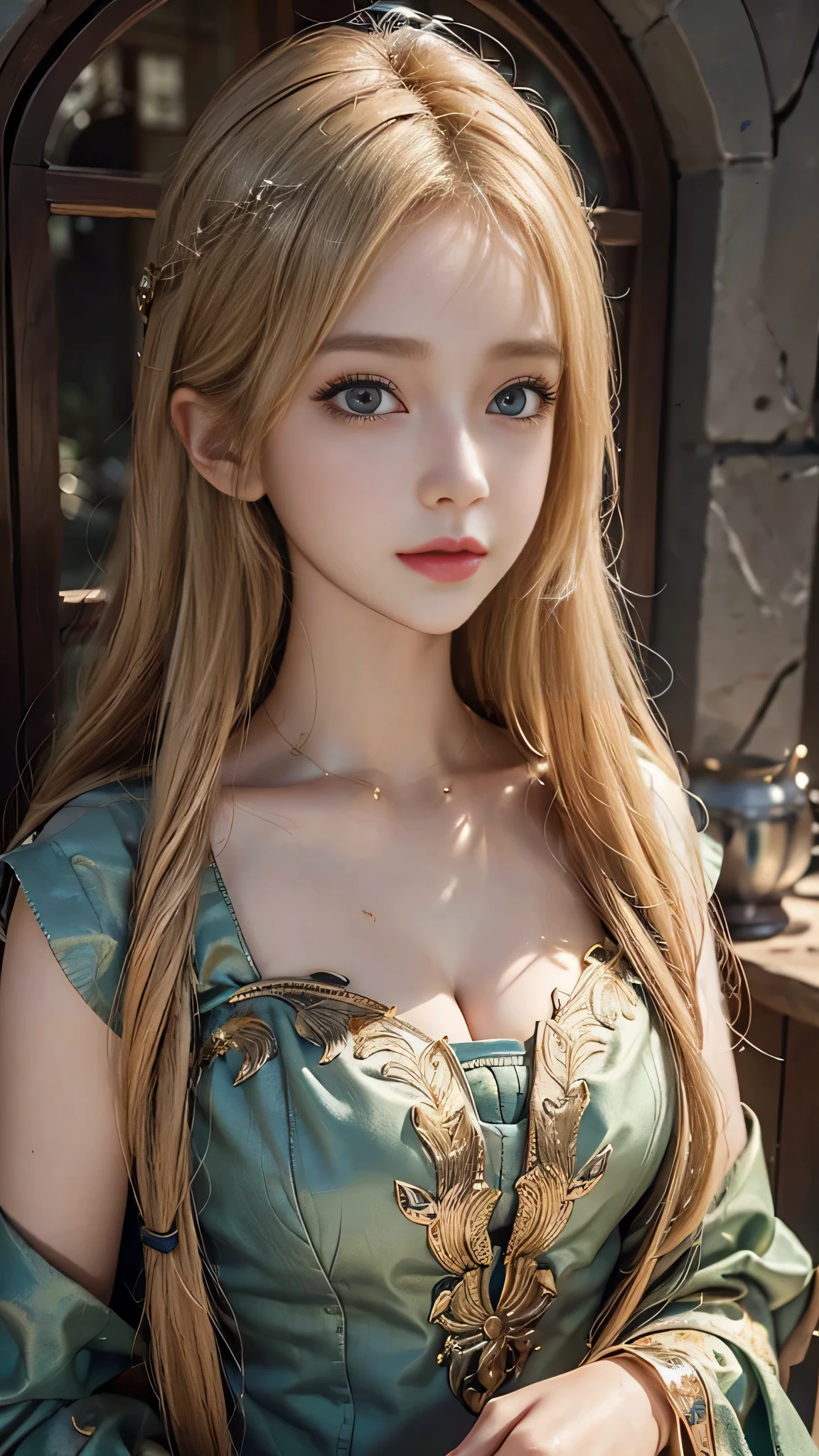 One girl, masterpiece, highest quality, 8k, Detailed skin texture, Detailed cloth texture, Beautifully detailed face, Intricate details, Super detailed, European girl, Green Eyes, Blonde has curly hair, 3D Characters, Medieval Knight