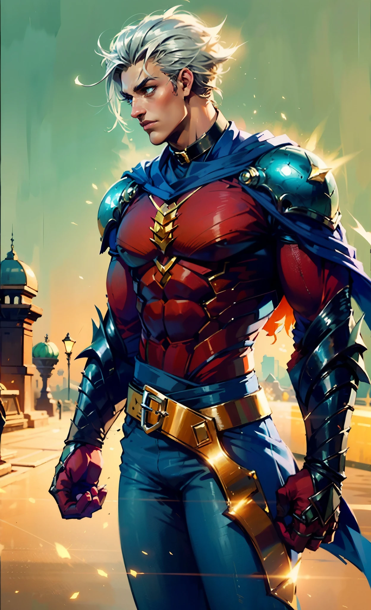 A young man with Greenish-blue spiky short hair, middle part bangs, a disdainful look, slender eyebrows, delicate features, a robust physique, a fantasy-style purple and white tight outfit, a black collar connected to a dark blue cape, a white belt attached to a red and white hem, sky-blue trousers, green flowing light surrounding him, standing on a long street at night, side view, this character embodies a finely crafted fantasy-style warrior in anime style, exquisite and mature manga art style, dramatic, high definition, best quality, highres, ultra-detailed, ultra-fine painting, extremely delicate, professional, perfect body proportions, golden ratio, anatomically correct, symmetrical face, extremely detailed eyes and face, high quality eyes, creativity, RAW photo, UHD, 32k, Natural light, cinematic lighting, masterpiece-anatomy-perfect, masterpiece:1.5