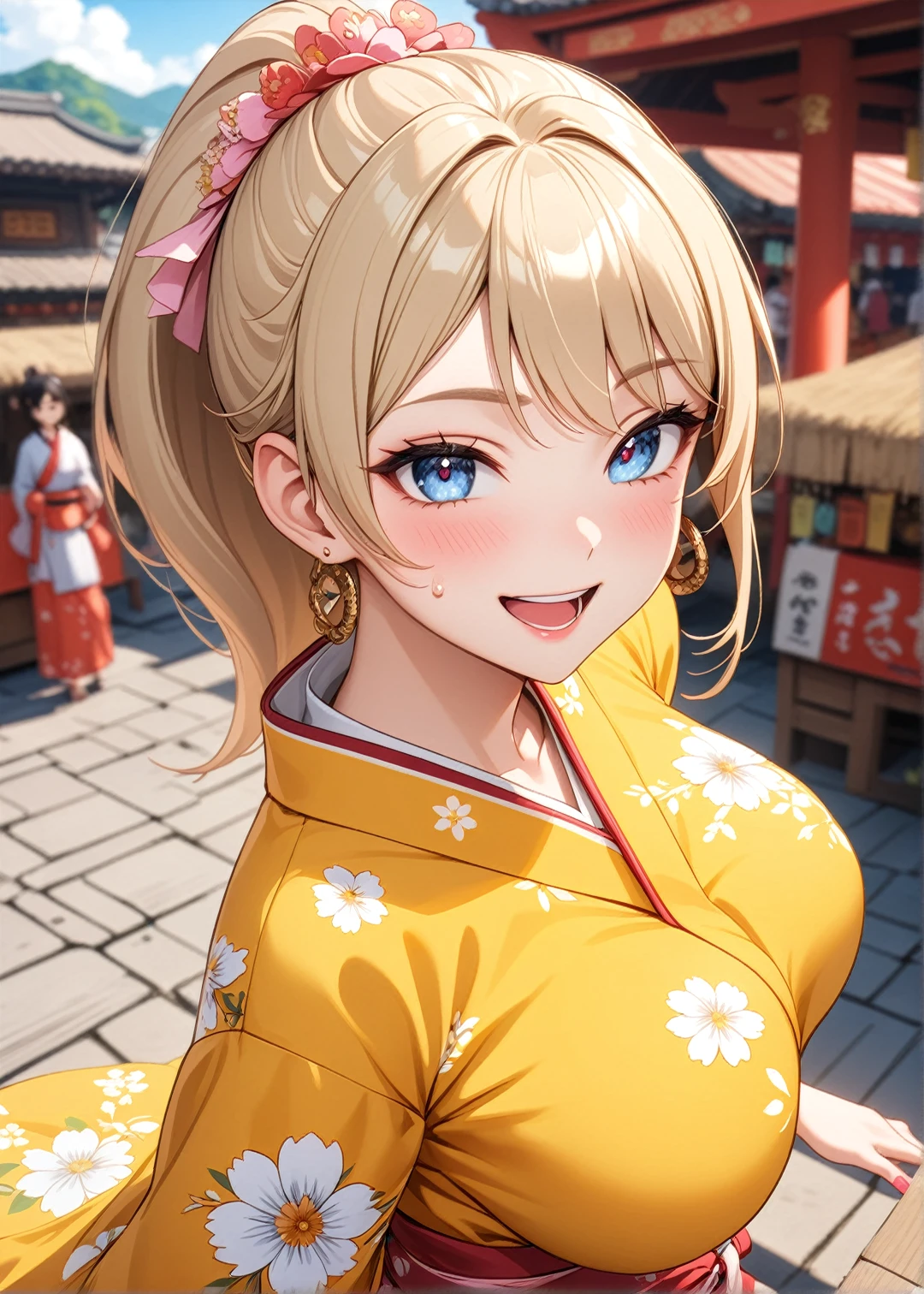((One woman)), Beautiful Face,Laughing embarrassedly,((Wink:1.6)),Laugh with a big mouth,(Gal Pose),Become bright red,Sweat on the face,Glossy pink lips,Daytime,Shrine festival stalls, ((Anime style background)),masterpiece, highest quality, so beautiful, up to date, Complex details, (Pink long nails),AI-generated, Complex,High resolution, highest quality, super high quality,3D Images、View the viewers、3D Images,one person,Long Blonde Hair,High Ponytail,blue eyes,Anime woman posing for a photo, [[Fine grain、Colorful eyes、Shining Eyes:1.15]],(Squint your eyes:1.1),a hyperRealistic , hyperRealistic , Realistic,Blonde anime woman with long hair, Smooth anime CG art, A woman in a colorful kimono with gold embroidery, (Yellow kimono),Pink floral pattern,Long flower hair ornament,Big earrings,(Large Breasts:1.2),Mature Body,tall,Big Ass,Fine details,Narrow waist,Six-pack,Photographed from diagonally above,looking at the camera