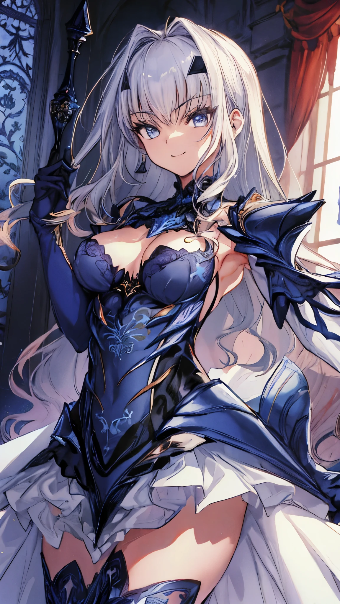 highest quality,High resolution, Super detailed,Game CG,Dutch Angle,Beautiful fine details,Beautiful girl,breast focus,(Captivating smile), armor, armorを着たdress, Black dress, 黒いgloves, Blue Armor, Blue dress, breastplate, dress, drop down, gloves, Scapula, 短いdress, 肩armor,cowboy shot