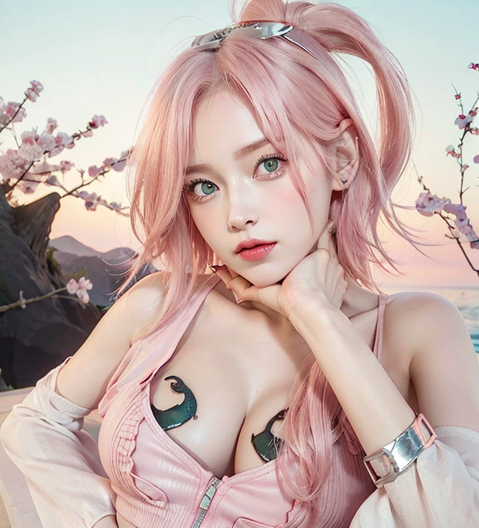 young woman, short shoulder-length pink hair, wide forehead, porcelain skin, pink eyebrows, big emerald green eyes, buttoned nose, full lips, heart-shaped face, slender body, small breasts, red tank top, Sakura Haruno , realistic, realism, details, 3d, well detailed