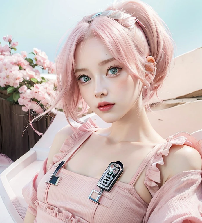 young woman, short shoulder-length pink hair, wide forehead, porcelain skin, pink eyebrows, big emerald green eyes, buttoned nose, full lips, heart-shaped face, slender body, small breasts, red tank top, Sakura Haruno , realistic, realism, details, 3d, well detailed