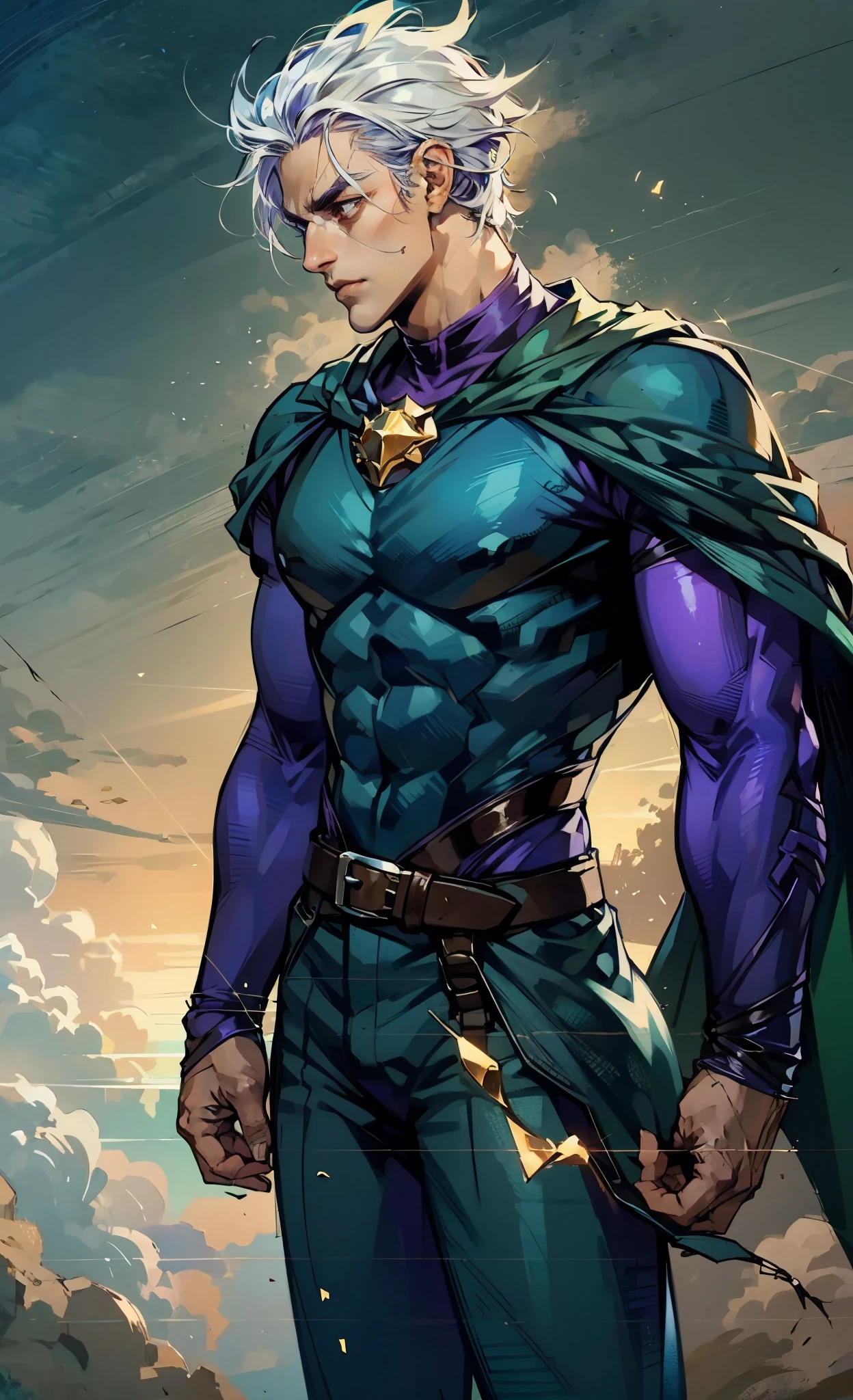 A young man with Greenish-blue spiky short hair, middle part bangs, a disdainful look, slender eyebrows, delicate features, a robust physique, a fantasy-style purple and white tight outfit, a black collar connected to a dark blue cape, a white belt attached to a red and white hem, sky-blue trousers, green flowing light surrounding him, standing on a long street at night, side view, this character embodies a finely crafted fantasy-style warrior in anime style, exquisite and mature manga art style, dramatic, high definition, best quality, highres, ultra-detailed, ultra-fine painting, extremely delicate, professional, perfect body proportions, golden ratio, anatomically correct, symmetrical face, extremely detailed eyes and face, high quality eyes, creativity, RAW photo, UHD, 32k, Natural light, cinematic lighting, masterpiece-anatomy-perfect, masterpiece:1.5