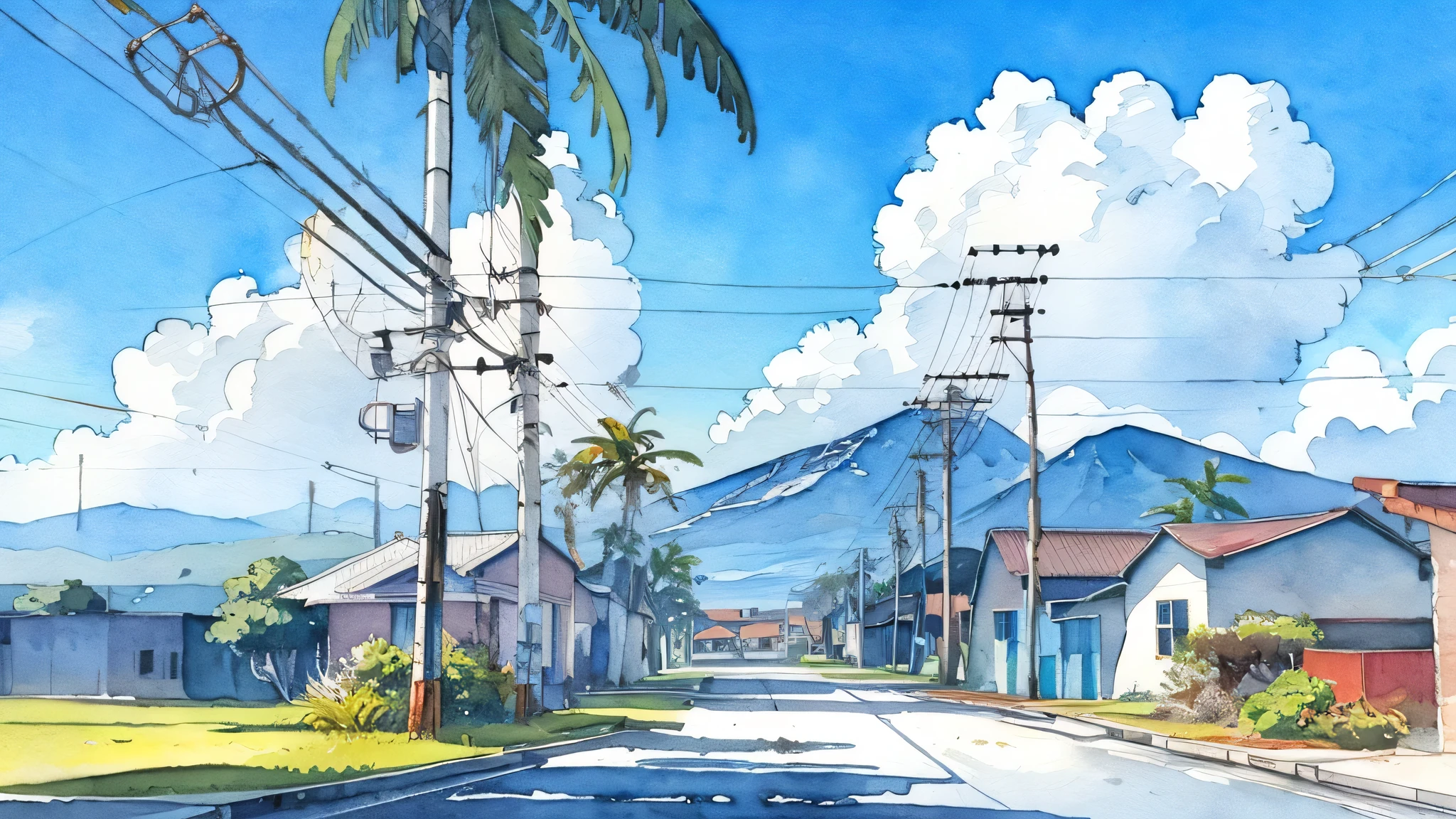 No humans, Outdoors, Power lines, skyporn, utility pole, tree, Scenery, Traditional Media, day, cloud, plant, Blue sky, volcano road, building, bush, palm tree, Painting (Medium), watercolor paiting (Medium), Town, Tropical
