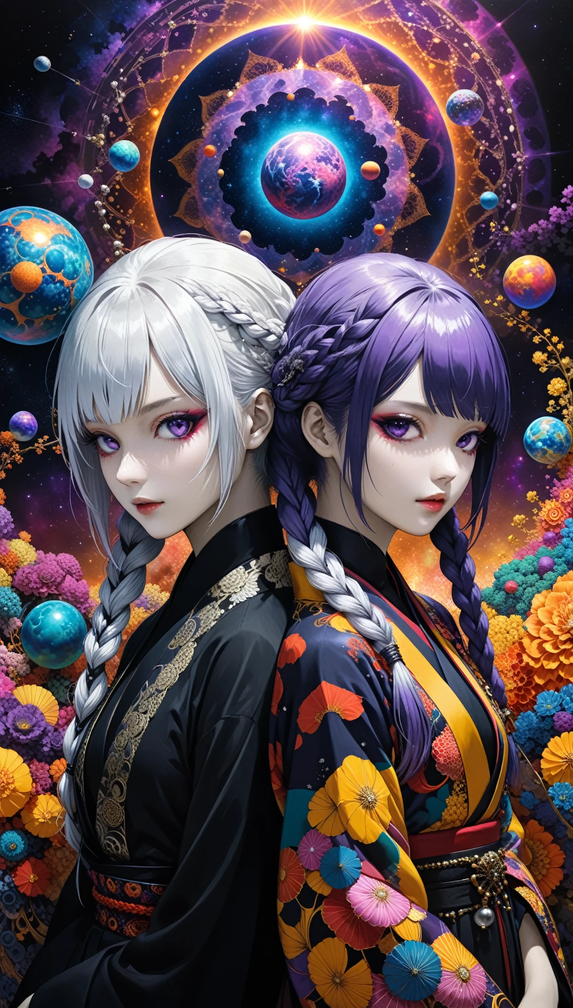 (in style of Ashley Wood:1.3),realist, (masterpiece, best quality, official art, beauty, Gothic, Tokyo Ghoul style: 1.2), Very detailed, fractal art, Gorgeous, More detail, Zentangle, (Atmospheric, cosmic, Psychedelic, dreamlike, fear, abstract background: 1.5), Kaneki Ken(Kaneki Ken),(Back-to-back), yinji, purple hair, purple eyes, long hair, white hair, double braids, gradient hair, Japanese folk style clothing,(insanely detailed and intricate, hypermaximalist, elegant, ornate, hyper realistic, super detailed:1.1)