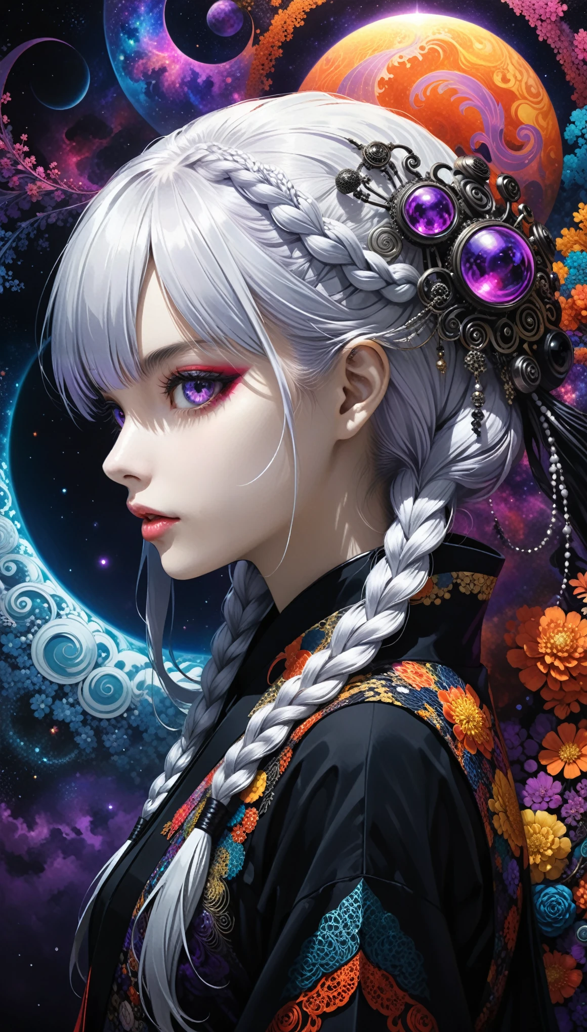 (in style of Ashley Wood:1.3),realist, (masterpiece, best quality, official art, beauty, Gothic, Tokyo Ghoul style: 1.2), Very detailed, fractal art, Gorgeous, More detail, Zentangle, (Atmospheric, cosmic, Psychedelic, dreamlike, fear, abstract background: 1.5), Kaneki Ken(Kaneki Ken),(Back-to-back), yinji, purple hair, purple eyes, long hair, white hair, double braids, gradient hair, Japanese folk style clothing,(insanely detailed and intricate, hypermaximalist, elegant, ornate, hyper realistic, super detailed:1.1)
