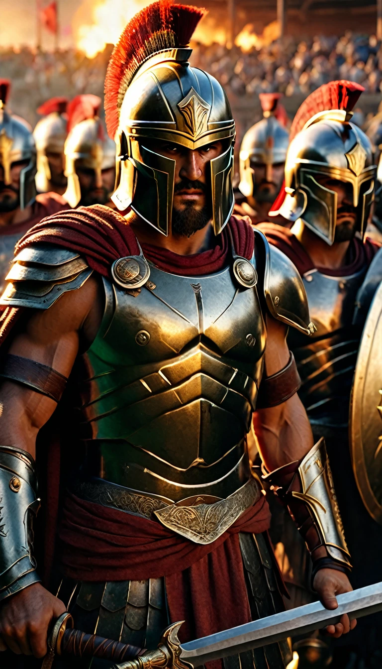 Full body, Create a detailed image of the annual Spartan event, featuring a massive arena where the best Spartan warriors and the bravest Helot slaves prepare to battle to the death, detailed face, detailed face expressions, natural face expressions, face in detail, asymmetrical faced, fair and smooth skin, detailed hands, detailed fingers, masterpiece, cinematic lighting, physically based rendering, lens flare, award winning rendering, perfect rendering detail, 8K, realism, detailed background, everything in detail, cinematic shot, dynamic lighting, 75mm, Technicolor, Panavision, cinemascope, fine details, 8k, HDR, realism, realistic, key visual, film still, superb cinematic color grading, depth of field,