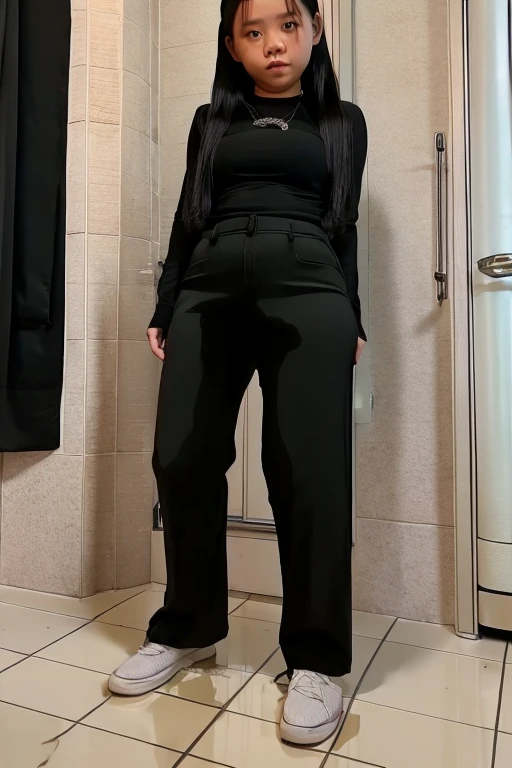 Vietnamese Girl sees the ghost and pees her black ao dai pants until her pants are wet in fright.