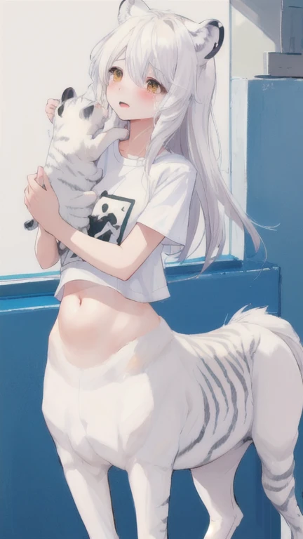 (best quality, masterpiece), 1 girl, centaur, It takes, Crying, belly button t-shirt, 아름다운 소녀 perfect white tiger photo, perfect white tiger photo