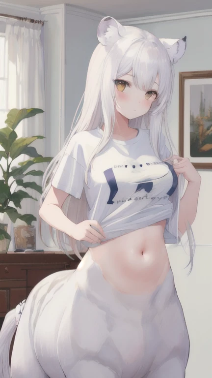 (best quality, masterpiece), 1 girl, centaur, It takes, Undressing, belly button t-shirt, 아름다운 소녀 perfect white tiger photo, perfect white tiger photo