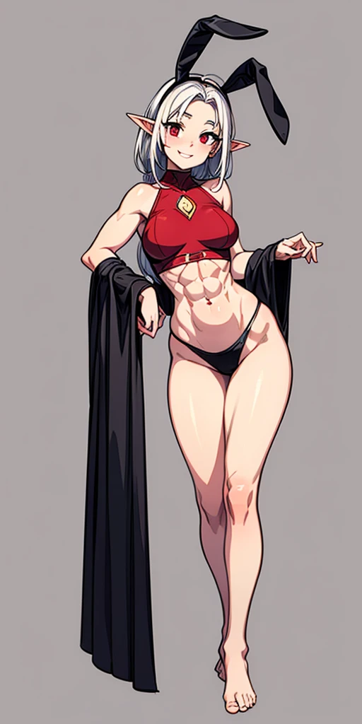 (Masterpiece, plain background:1.2) 1sologirl female full body, standing straight symmetrical barefoot barehand together looking to camera view from farther shot below angle, strong abs, red cheeks smiling, dark elf, darkest blacked elf skin, long mess white hair, red eyes, circlet, 1990s style retro game, black bunny 🐰 stockings sleeves