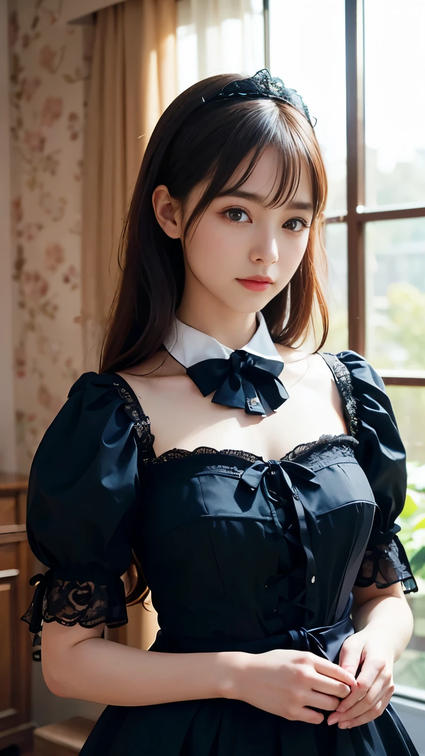 1 Nogizaka Musume、very cute、beautiful girl、19 years old、(Gothic Fashion)、Beautiful Face, Exquisite eye and skin detail、Fine, shiny black hair、Elegant frills、Frilled tie、Ribbon tie、Rose Hair Accessories、(Smiling for the camera)、(Cowboy Shot)、(European Seas)、Professional Lighting、break、(Realistic、Photorealistic:1.37)、8k、(masterpiece)、(highest quality:1.4)、(Ultra-high resolution:1.2)、 (RAW Photos:1.2)、(Delicate lace、Soft fabric、beautiful rose pattern dress)、Perfect Anatomy、Four fingers and a thumb、Seaside Background、(Wallpaper by Unity 8k)