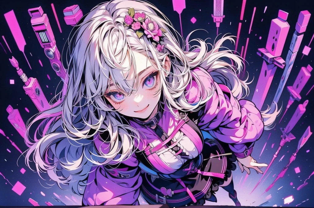 Big breasted anime girl, (corset dress: 1.2), (stockings), (Big smile), (whole body), (people々focus on), (Long white hair), (View from above), (Hair on one eye),Enchanting anime girl, Best anime 4K Kona-chan wallpapers, Attractive anime girl, 4k anime wallpaper, 4K Manga Wallpaper, Detailed digital anime art, Anime Best Girls, Beautiful Anime Girls, cyber punk, Detailed anime artwork, Beautiful and attractive anime women