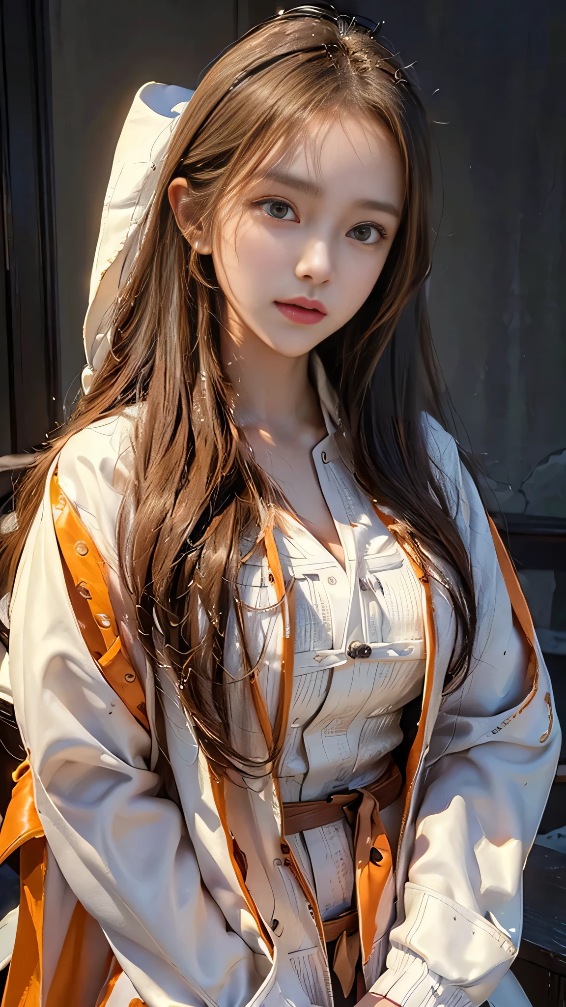 c.c., Expressionless, , (masterpiece, highest quality, Super detailed, Best Shadow, Volumetric lighting), (Beautifully detailed face, Beautiful fine details), (Best lighting),, Orange eyes, Very long hair, (White straitjacket:1.4), Black belt, , (Cowboy Shot:1.3), intense angle,, mksks style, Beautiful background, Professional Lighting, Warm coloured landscape,