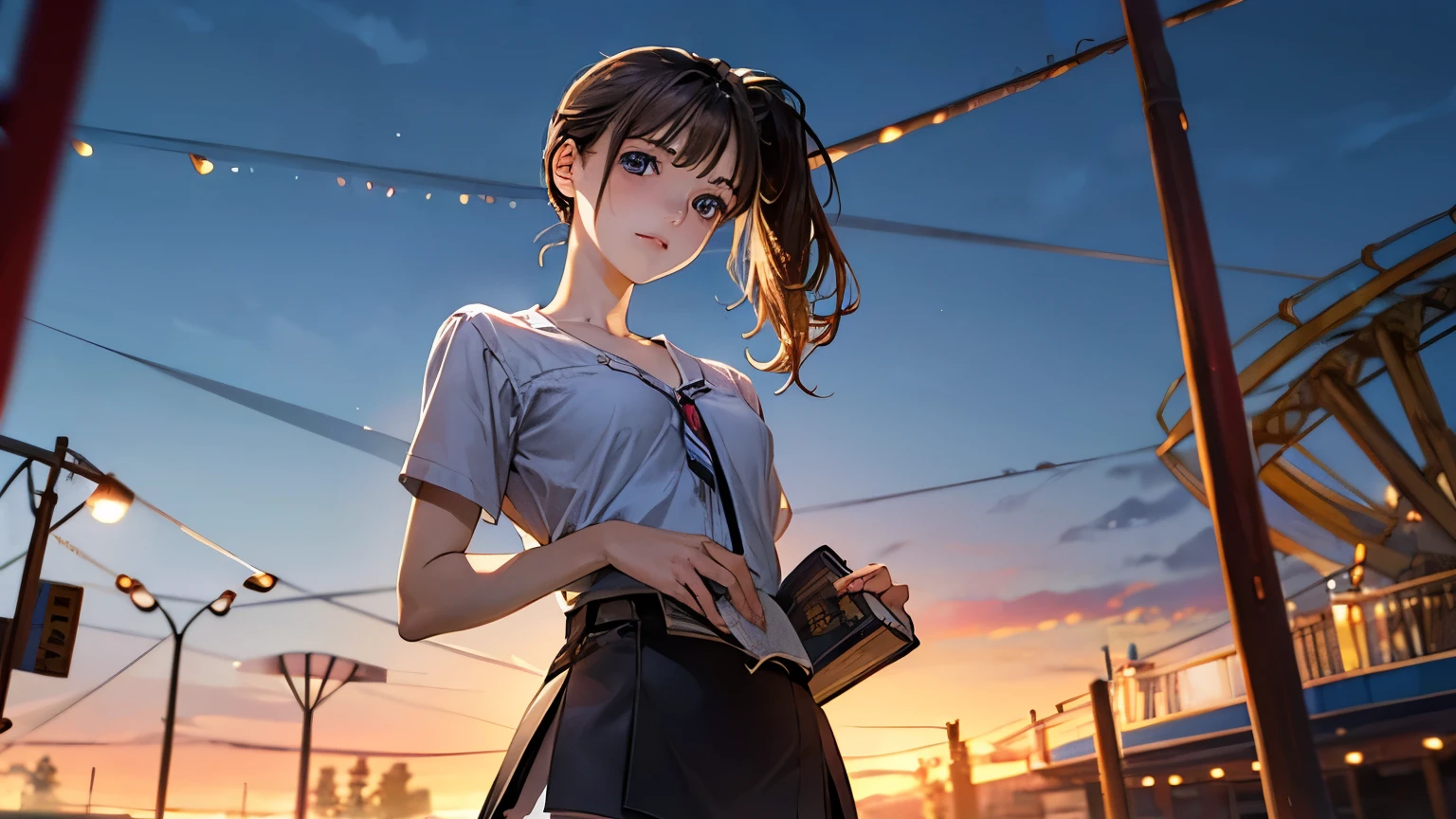 (masterpiece:1.2, highest quality), (Realistic, photoRealistic:1.4), Beautiful illustrations, (Natural Side Lighting, Cinema Lighting), 
avert your eyes, (From below), Bookを持っている女の子1人, 日Book語, high school girl, 14 years old, Perfect Face, Perfect body, Cute and symmetrical face, Shiny skin, Baby Face, small, 
(short hair:1.5, (ponytail):1.6, Long sideburns, Light brown hair), Asymmetrical bangs, Dark blue eyes, Big eyes, Droopy eyes, (Middle chest, Captivating thighs, Big Ass), 
Beautiful Hair, Beautiful Face, Beautiful fine details, Beautiful clavicle, Beautiful body, Beautiful breasts, Beautiful thighs, Beautiful feet, Beautiful fingers, Bookを持っている,Book,Bookを読んでいる,
(( タイトmini skirt), belt), (手にBookを持っている),
(Beautiful views), evening, (amusement park), walk, (put your hands in your hair), Bookを持っている, (Sad look), Bookを読んでいる,whole body,mini skirt,Attractive legs,手にBookを持っている,Book
