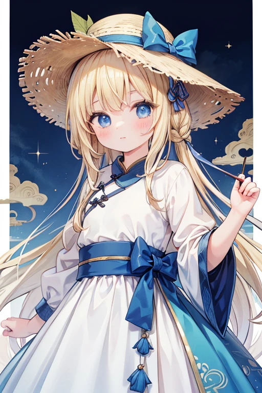 masterpiece, highest quality, High resolution, 11-year-old girl、blue eyes、
blonde、Braiding、White Dress、Straw hat、China、In front of the Great Wall