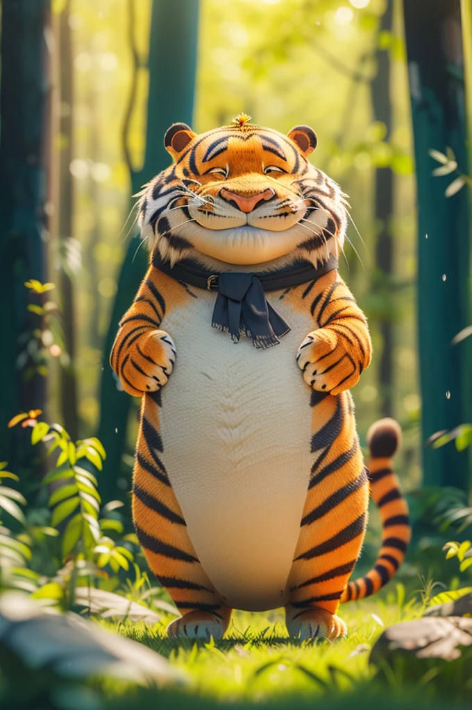 masterpiece, high quality, Fat cute tiger, There is a belly, in the woods