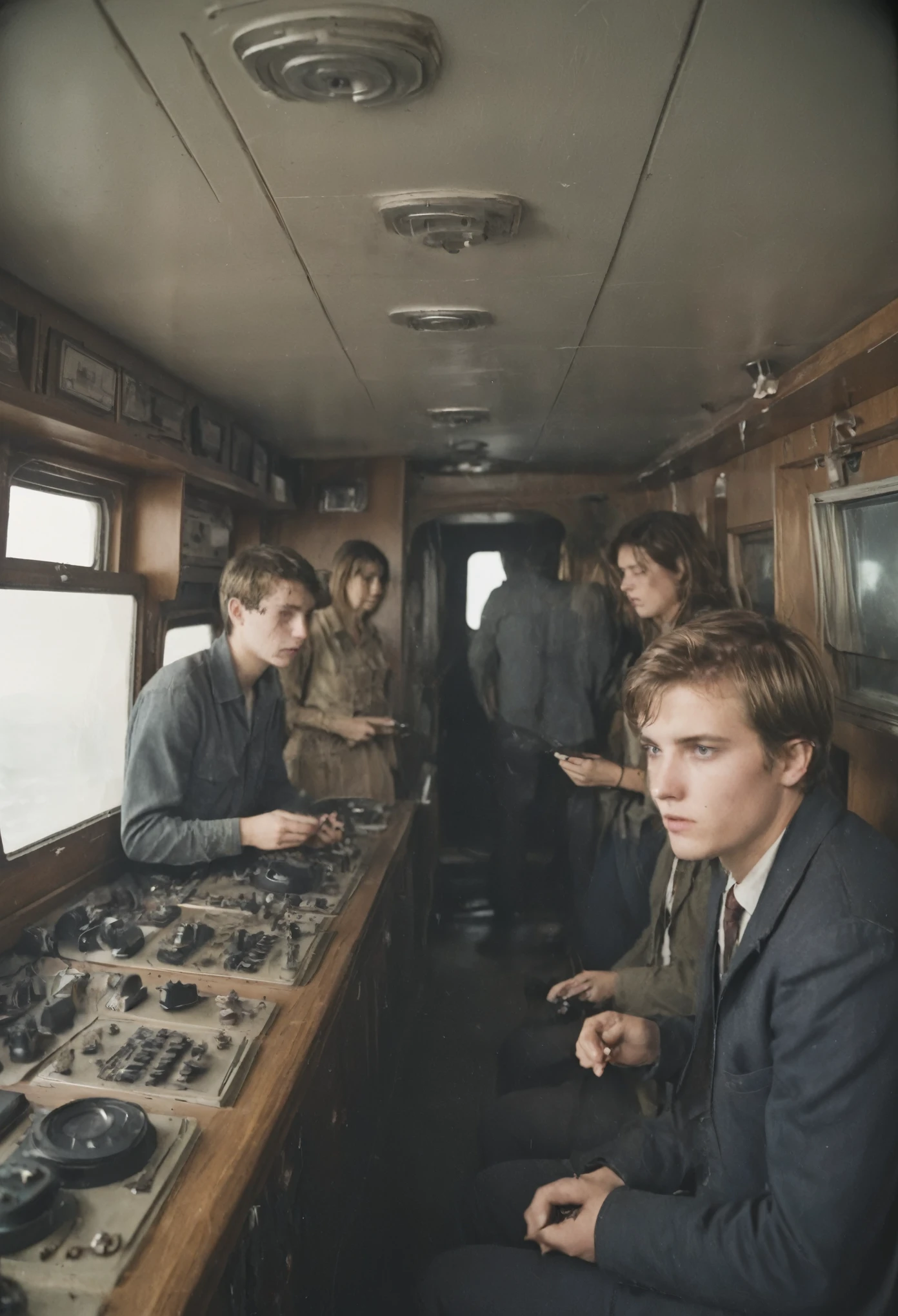 side-view, perspective, grainy, polaroid, 35mm vintage, scary, horror-movie, 4 young adults operating ham-radio, transmitter and receiver inside ship cabin, cabin