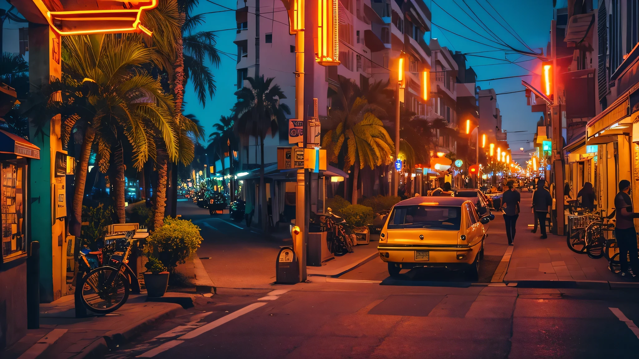 An evening cityscape featuring a bustling street with brightly lit buildings and palm trees along the sidewalks. The street is illuminated by streetlights and colorful neon signs, creating a lively atmosphere. The sky shows a gradient from deep blue to golden orange.