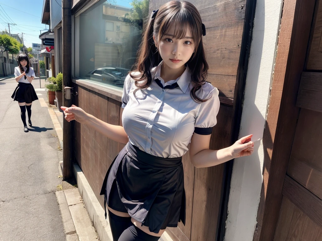 masterpiece, best quality, illustration, Super detailed, fine details, High resolution, 8K,wall paper, perfect dynamic composition,(Details High quality, realistic depiction of eyes:1.3), (2girls), standing, short hair, (wavy hair:1.2), (short sleeve collared dress shirt,tight skirt,thighhighs,zettai ryouiki:1.4), black hair color, Big Natural Color Lip, bold sexy pose, crying a little, Harajuku style、acrobatic pose, 20 year old girl、cute type、lolita、beautiful legs, gravure idol, Japanese idol, huge breasts