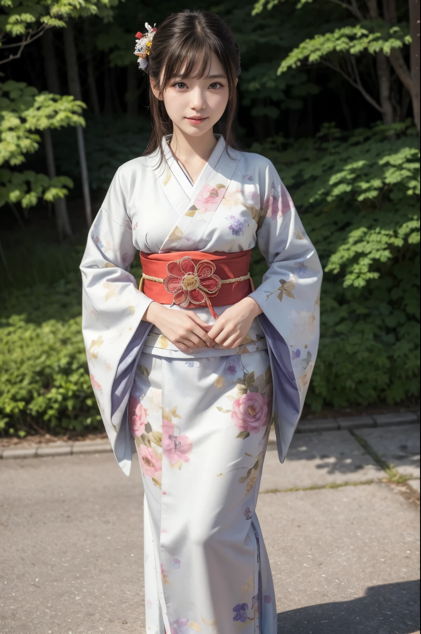 (masterpiece, highest quality, Realistic, High resolution, photograph, :1.3), Sharp focus, 1 Cute Japanese Girl, Hot Model, Highly detailed eyes and pupils, Realistic Skin, Highly detailed hair, Delicate face, Sensual look, Bright lips, Natural Lip, ((whole body shot)), standing pose, smile, (Furisode:1.5), (Floral:1.2), ((sash)), ((obi)), outside of home, (Japanese Style Country), full body,