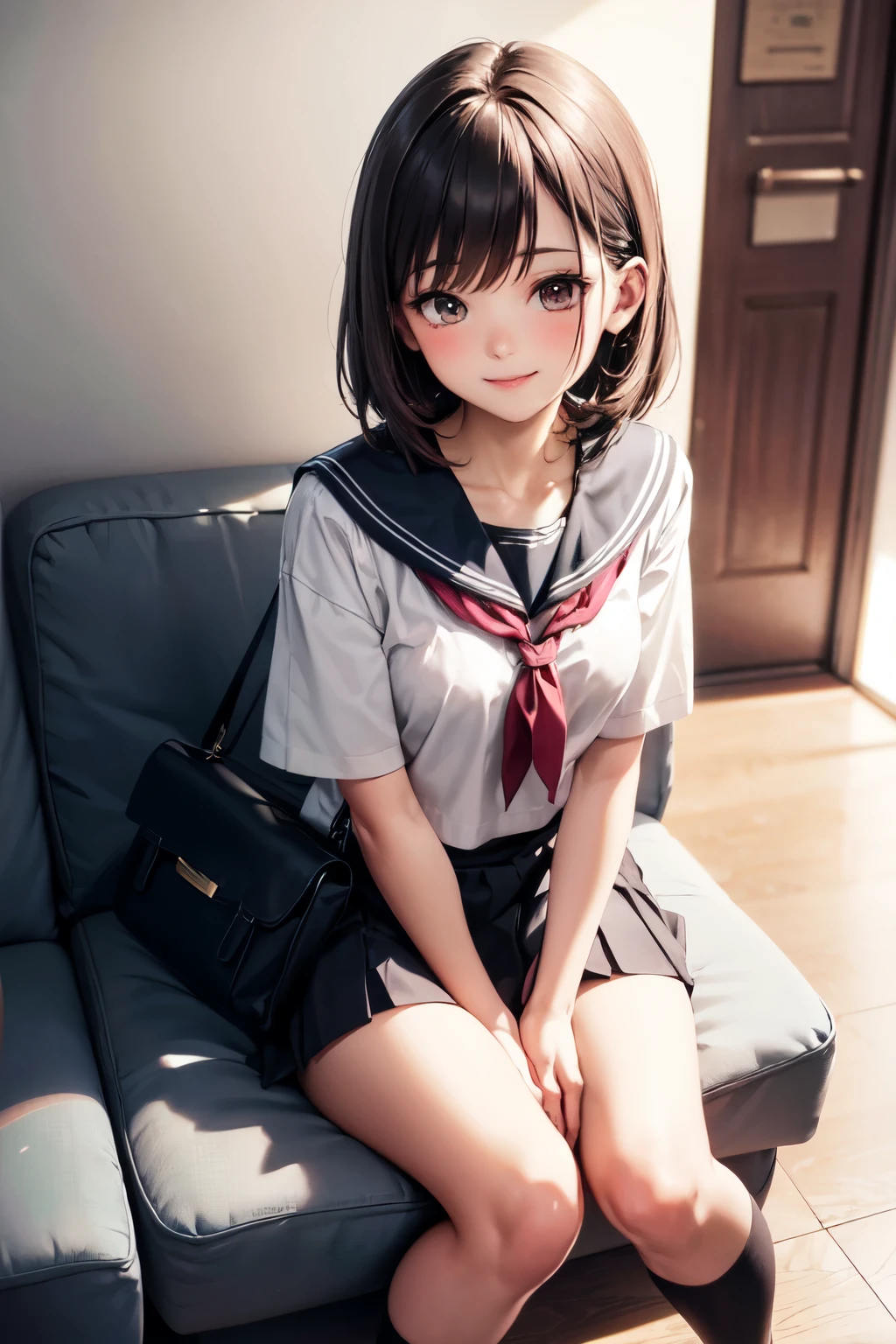 very cute and beautiful girl,(highly detailed beautiful face),
(smile:1.2),blush,shy,looking at viewer,serafuku,pleated navy blue mini skirt,
black hair,sitting on sofa near elevator hall of small hostel,bag on floor,
(best quality,masterpiece),absurdres,highres,ultra-detailed,extremely detailed,32k,8k resolution,
intricate details,cinematic scene,detailed background,solo,dynamic angle,
