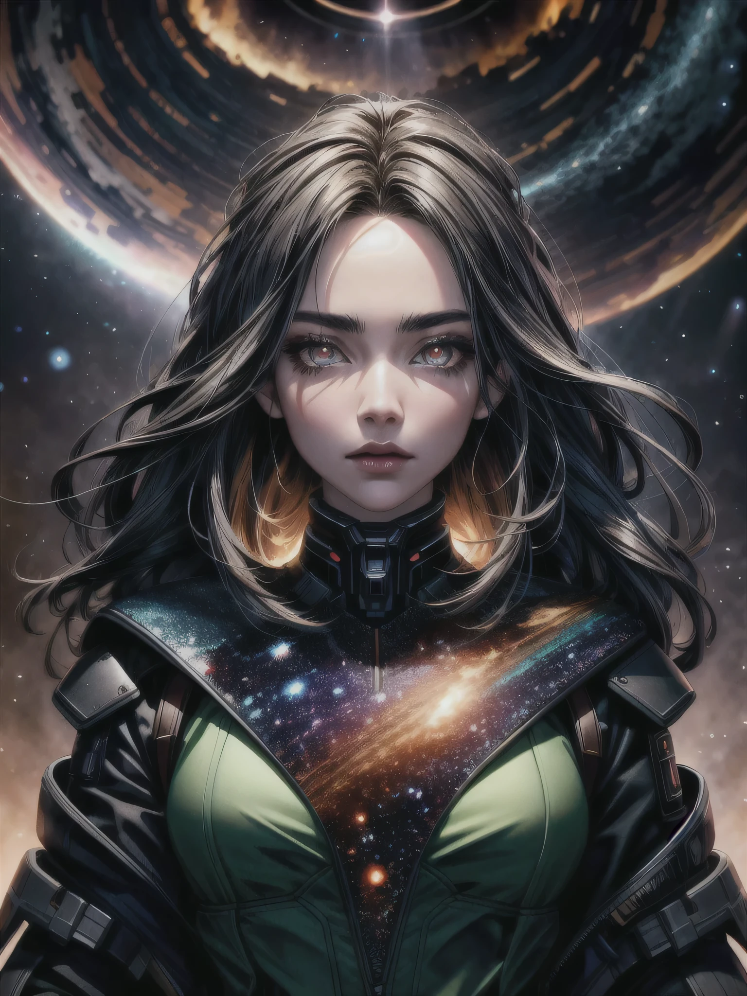detailed portrait of a beautiful galactic girl, long dark hair, glowing eyes, galaxy in her eyes, surrounded by a swirling blackhole, dramatic lighting, cinematic, highly detailed, intricate, 8K, hyper-realistic, photorealistic, masterpiece, octane render, unreal engine, cinematic lighting, dramatic atmosphere