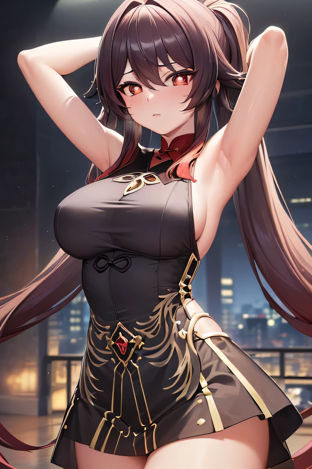 ((muste piece, best quality, High resolution, Depth of the bounds written, In 4K, Detailed Lighting, beautiful anime game girl)), 1girl, solo, hu tao (genshin impact), big breast, armpits, red eyes, in room background