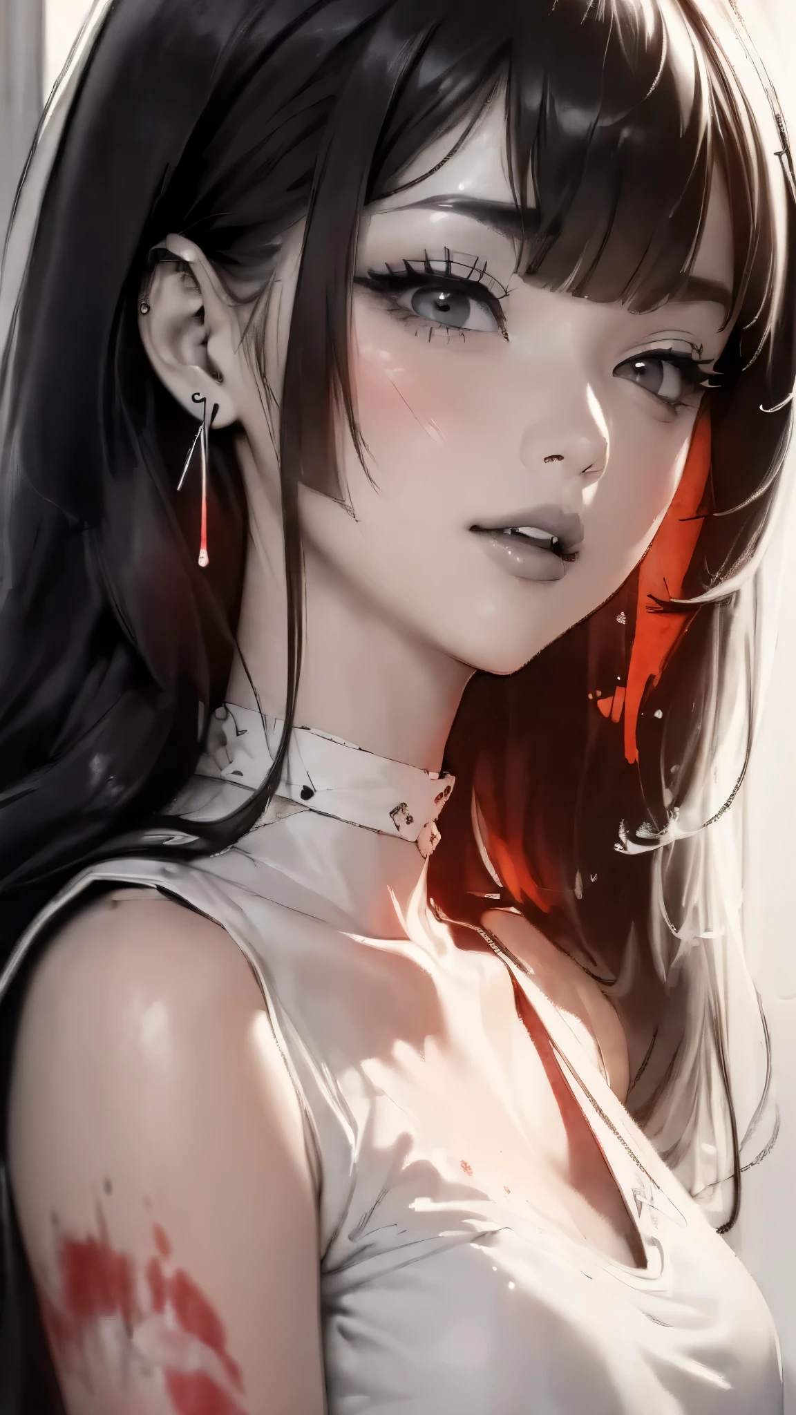 (monochrome watercolor cool girl:1.5).(monochrome:1.5),Earrings, Chokers,
(Only the lips are bright red:1.3).(line art:1.3),blunt bangs,Long eyeliner,sexy face,
