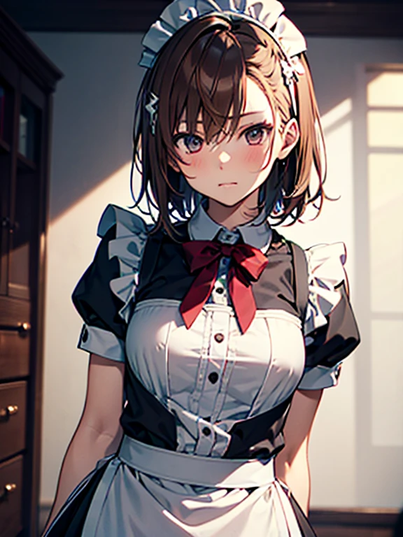 Misaka Mikoto、girl, brown hair, Maid、UHD, retina, masterpiece, anatomically correct, textured skin, high details, best quality,