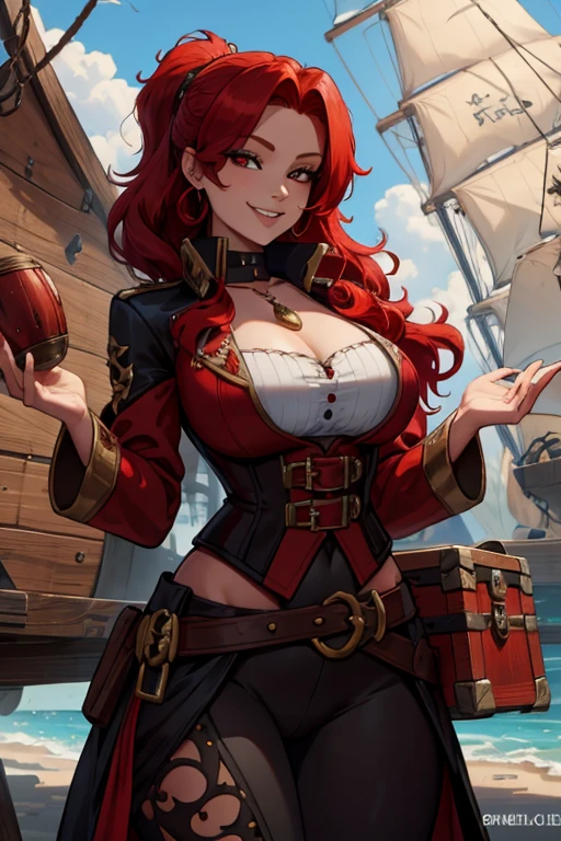 A red haired woman with red eyes and an hourglass figure in a pirate's outfit is holding a treasure chest with a big smile
