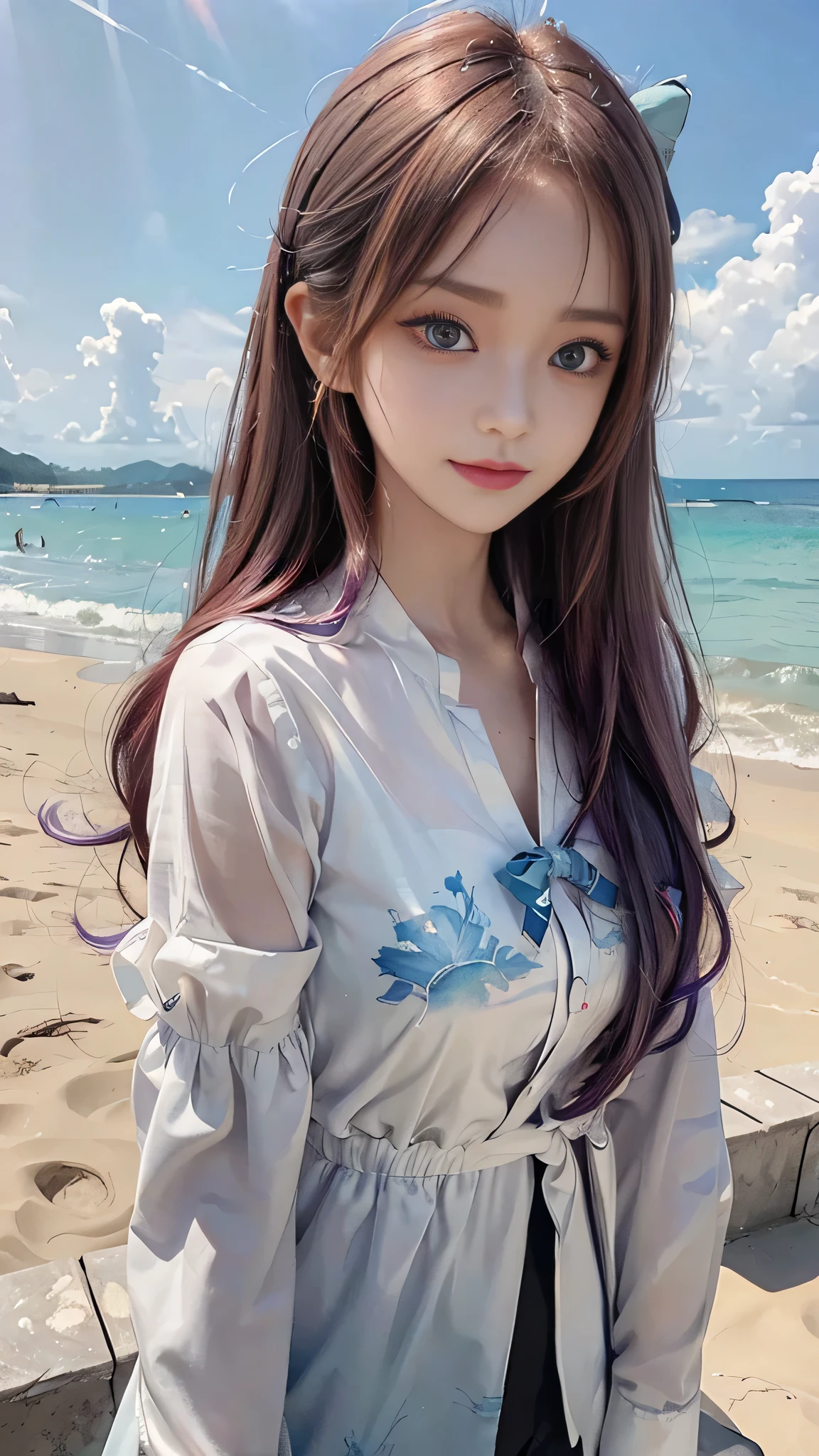 uta (one piece), There is eiichirou,, , One girl, :d, bangs, blue ribbon, diamond-shaped pupils, diamond (shape), Hair between the eyes, Headphones, Long Hair, multicoloRedhead, Open your mouth, Purple eyes, Redhead, ribbon, shirt, sign, No sleeve, No sleeve shirt, smile, alone, ((Split Color Hair)), symbol-shaped pupils, Gray Hair, white shirt, Ocean, One eye is covered, watercolor,, ,